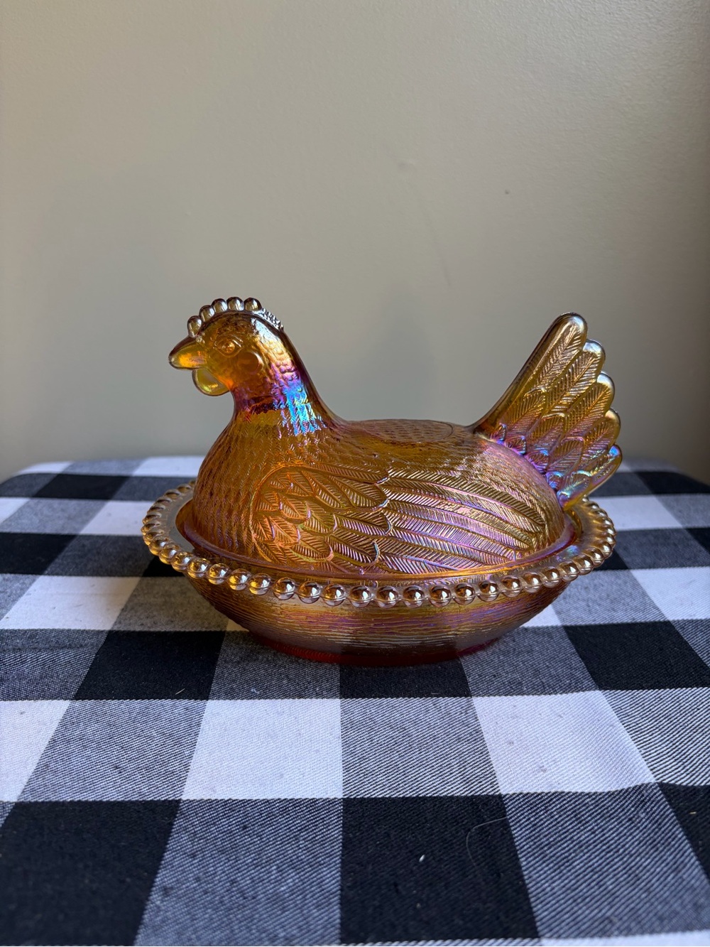 Vintage Indiana Iridescent Carnival Glass Hen on Nest Candy Dish